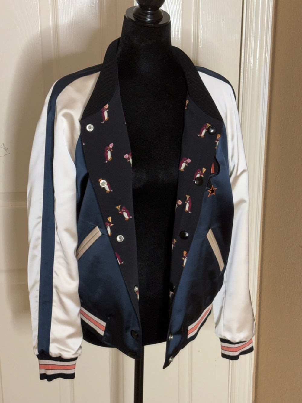 COACH Women’s Bomber REVERSIBLE Varsity Jacket Floral Print Colorblock Satin Med - Picture 6 of 12